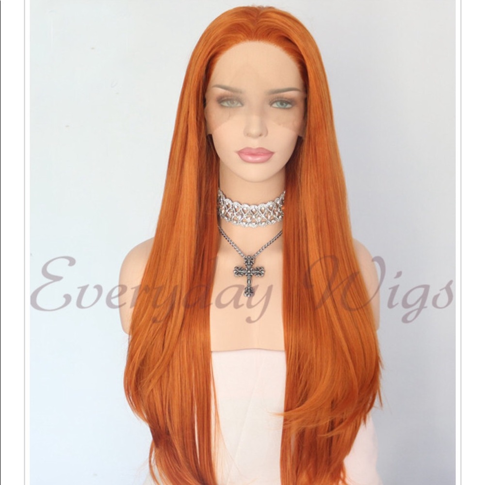 Long copper red orange lace front wig